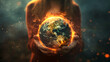 Conceptual image of hands holding a burning planet Earth, symbolizing global warming