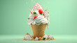 A 3D rendering of a ice cream sundae, waffle cone,