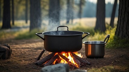 Wall Mural -  Camping in the woods with a hearty meal cooking