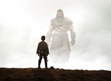 Fototapeta Most - David and Goliath. Bible story of young Shepherd boy defeating a giant Warrior with a small pebble and slingshot. Facing your fears concept. David rear view face off Goliath in the misty background. 
