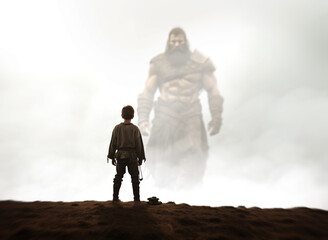 david and goliath. bible story of young shepherd boy defeating a giant warrior with a small pebble a