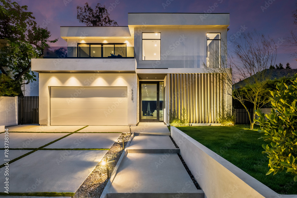 modern house exterior lighting on concrete driveway and lawning at ...