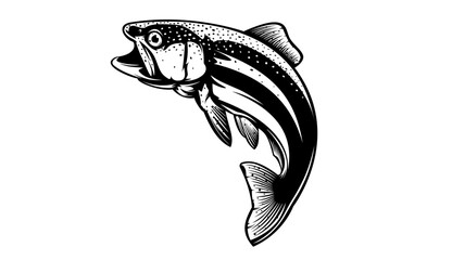 Wall Mural - Rainbow trout jumping out water.Salmon isolated on white background. Concept art for horoscope, tattoo or colouring book.