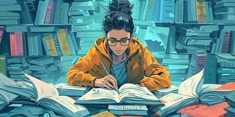 Poster - A college student highlighting key points in a textbook surrounded by a chaotic spread of notes and papers copy space Hand Drawn