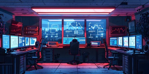 Poster - Security Center Monitoring Cybersecurity Threats and Protecting Digital Infrastructure with Futuristic Neon Atmosphere