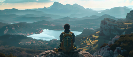 Wall Mural - Solo traveler with hiking backpack standing and admiring beautiful landscape view from high mountain peak with cloudy sunny weather and mountains in the distance