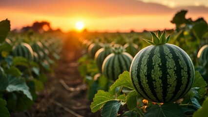 Wall Mural -  Sunset over a watermelon field symbolizing the end of a fruitful day