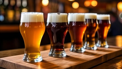 Canvas Print -  Five frothy beers ready to be savored