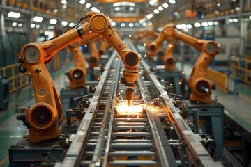 Poster - Sparks fly as robotic arms weld materials together on a modern manufacturing assembly line