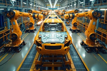 Poster - A line of industrial robotic arms fit parts on a bright yellow car body at an automated factory