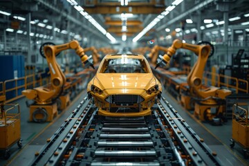 Poster - A shiny yellow car on the conveyor in the middle of an automated precision manufacturing process