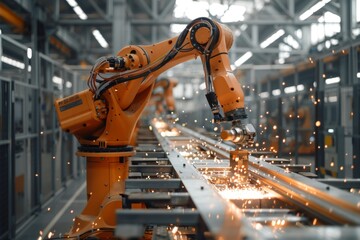Poster - Automated machinery performing welding tasks in industrial setting with precision and efficiency Sparks flying from the intense welding processes
