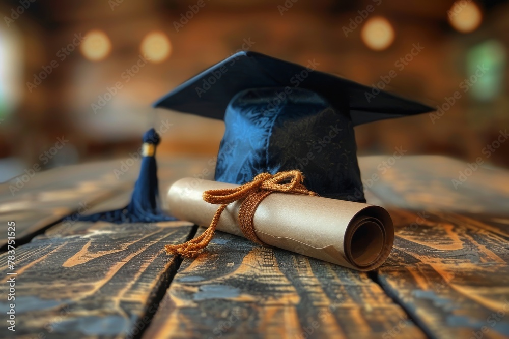 Focus on a university graduation cap with tassel and rolled diploma ...