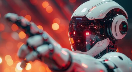 Poster - Close-up of a futuristic robot with illuminated details, its hand reaching out, symbolizing concepts of AI and advanced technology