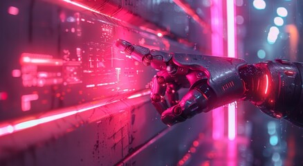 Poster - A robotic hand performs intricate tasks with red and blue illuminated components, emphasizing precision and modern automation technologies