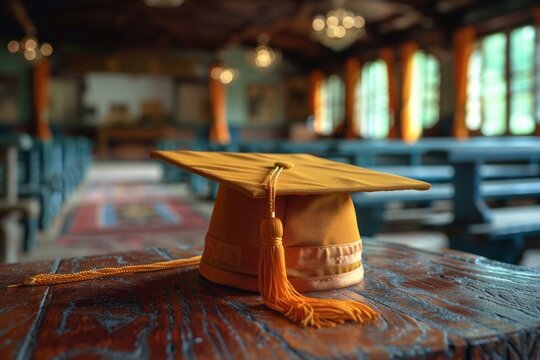 A golden graduation mortarboard cap with tassel on a dark textured wooden surface signifies academic success and milestones