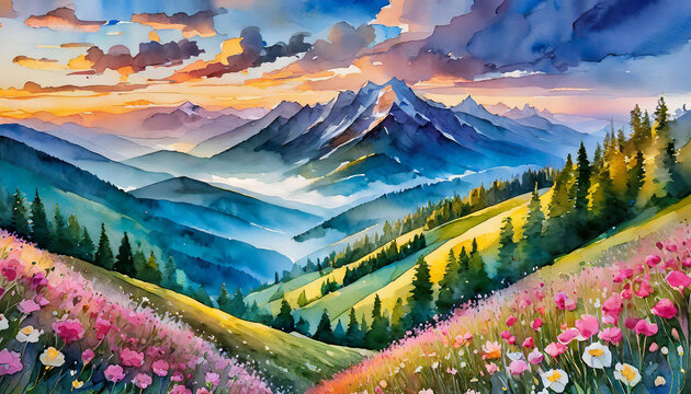 Watercolor illustration of beautiful summer landscape with mountains and blooming plants.