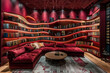 Craft an avant-garde bookshelf with floating shelves, showcased against dramatic burgundy walls in a sophisticated library