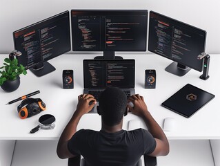 A man is sitting at a desk with a laptop, a desktop computer, and three monitors. He is typing on the laptop and using the other two monitors to view multiple windows