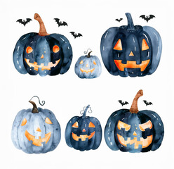 Watercolor Halloween black Pumpkin Clipart set isolated on a white background