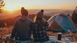 Young couples have good time morning on camping trip with sunrise background. AI generated
