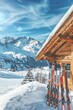 A snowy alpine ski lodge podium with skis and mountain views for winter sports and travel products