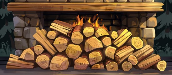 Canvas Print - Stack of firewood placed next to a cozy fireplace in a home setting