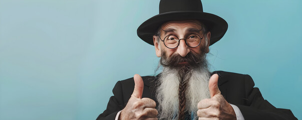 Wall Mural - Portrait of senior orthodox jewish man wearing black hat on blue background. Jewish holiday celebration. Judaism, religion concept. Human emotions