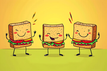 Three cartoon sandwiches with faces and legs standing next to each other