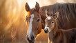 Newborn Foal Taking First Wobbly Steps Beside Protective Mother Horse in Glowing Countryside Sunset