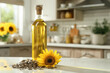 .Sunflower oil is on the table in the kitchen.