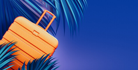 Sticker - Fluorescent summer travel background. Orange luggage with palm leaf decoration on vibrant purple background with copy space. 3D Rendering, 3D Illustration