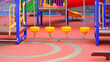 Group of colorful playground climbing equipment with balance bridge on rubber floor in outdoors playground area at kindergarten