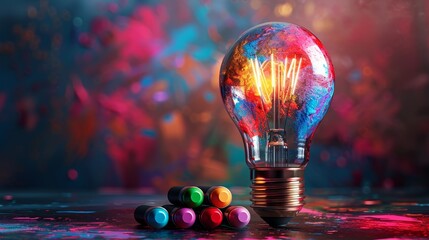 Wall Mural - Creativity and Design: A 3D vector illustration of a lightbulb with a palette and paint tubes inside