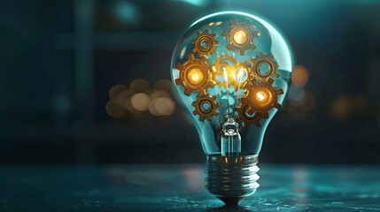Wall Mural - Creativity and Design: A 3D vector illustration of a lightbulb with gears and cogs inside
