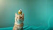 Katze mit Fisch und Vogel Nahaufnahme als Poster für Zoohandlung und Züchter, ai generativ