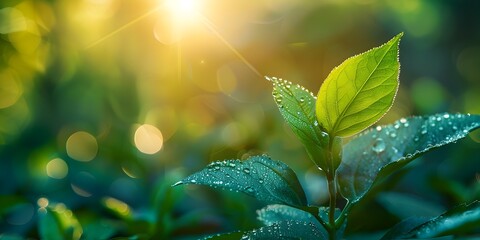 Wall Mural - vibrant newly emerged green leaf glistening with dew droplets symbolizing growth and new beginnings