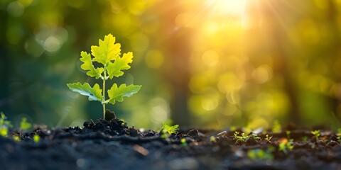 Sticker - Emerging Oak Sapling Reaching Towards Sunlight Symbolizing Strength and Endurance in Early Growth Stages