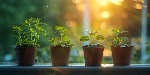 Wall Mural - Vibrant Herb Garden Thriving in Soft Morning Light on Windowsill