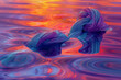 Design an AI-generated image capturing the beauty of a robe knot adorned with rich, jewel-toned hues, set against a background of rippling water reflecting the vibrant colors of a breathtaking sunset