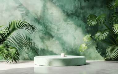 Wall Mural - Empty Minimal  Podium Display Stage Tropical Concept On Green Pastel Backgrounds 3d Rendering
