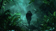 A lone soldier navigates through a dense jungle with mist and dim light, on a covert mission