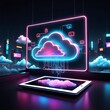  Neon light showing cloud computing on tablet computers design. neon light showing cloud computing on tablet computer design. 