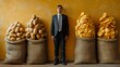 © Irina Kozel - Well-dressed man in a business suit standing between a huge sack of potatoes and a large bag of chips against a yellow wall