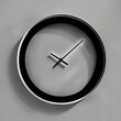 A round clock with a black frame and hands on a white background.