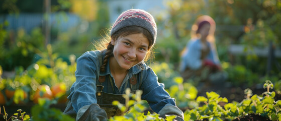 Smiling young Russian girl cleaning and gardening in the green garden with vegetable plant garden and wooden hut in the background