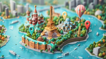 Wall Mural - Travel Destination: A 3D vector illustration of a map with multiple pins highlighting different travel destinations