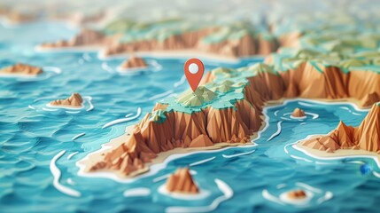 Wall Mural - Travel Destination: A 3D vector illustration of a map with a pin highlighting a coastal travel destination