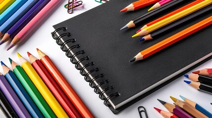 A top view of a black spiral notebook and a collection of colored pencils isolated on a white background for mockup.