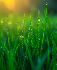 Wall Mural - Fresh green grass with dew drops in the morning